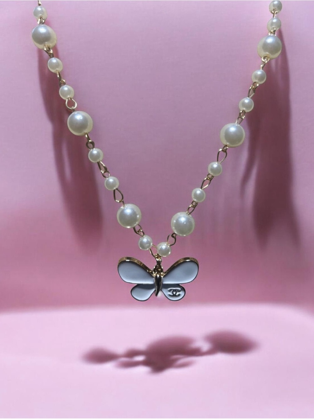 Gold-Tone Pearl Necklace with White Butterfly CC Charm(stamped)
